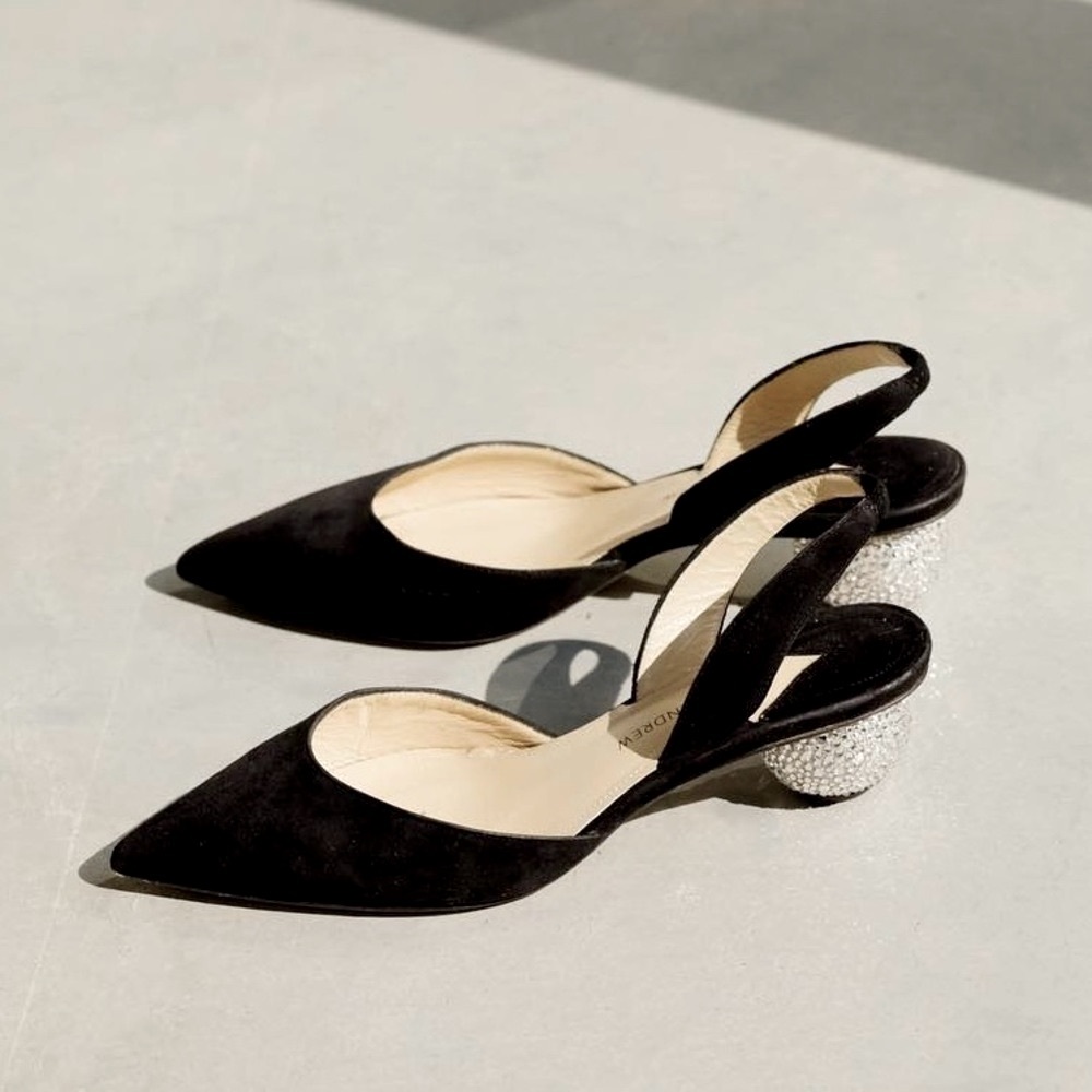 Paul Andrew black suede crystal heels slingback sandals 37